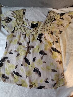 Worthington Floral Smocked Square-Neck Blouse in Cream and Yellow